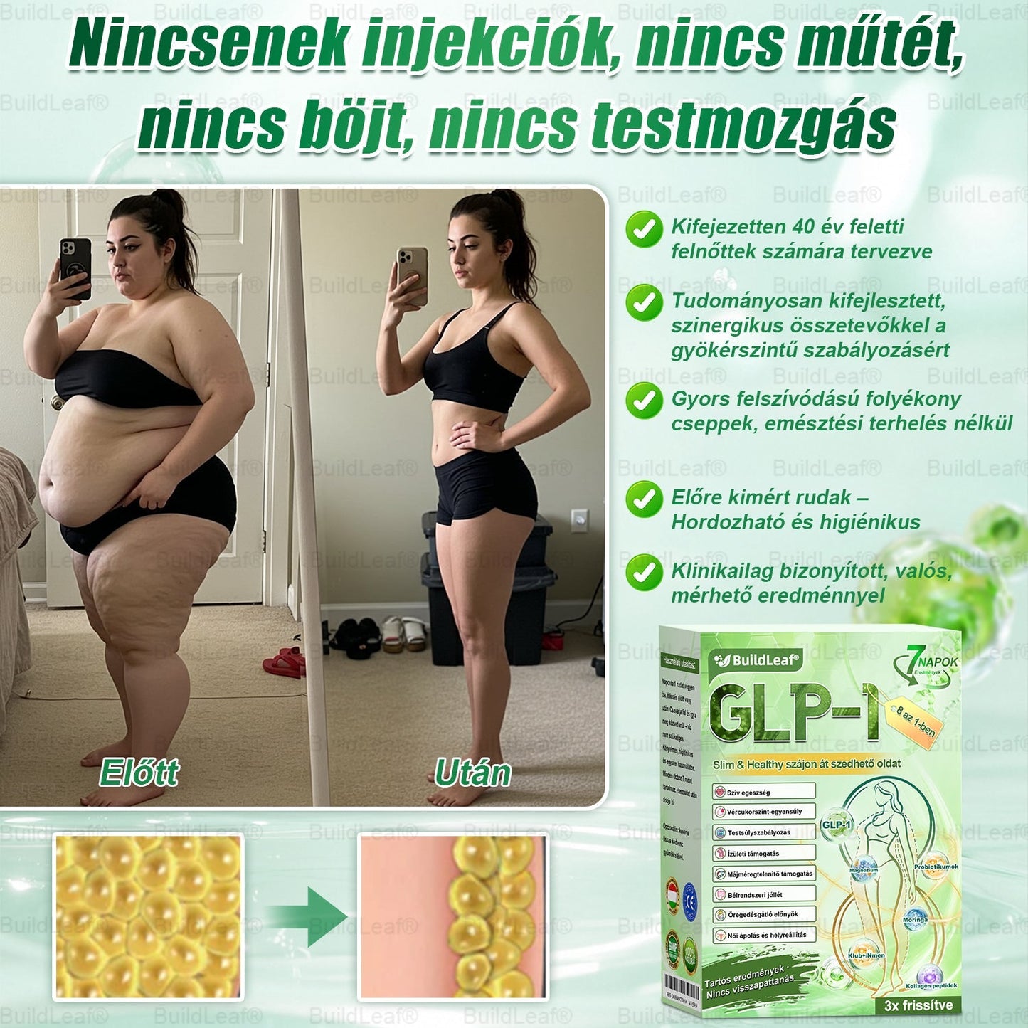 đBuildLeafÂź GLP-1 8-az-1 Slim & EgĂ©szsĂ©ges Oldat (Napi 1 adag · EredmĂ©ny 7 nap alatt),SegĂti a fogyĂĄst, vĂ©di a szĂvet, szabĂĄlyozza a cukorszintet, javĂtja az emĂ©sztĂ©st Ă©s az ĂzĂŒleteket â miközben feszesĂti a bĆrt Ă©s növeli az energiĂĄt.